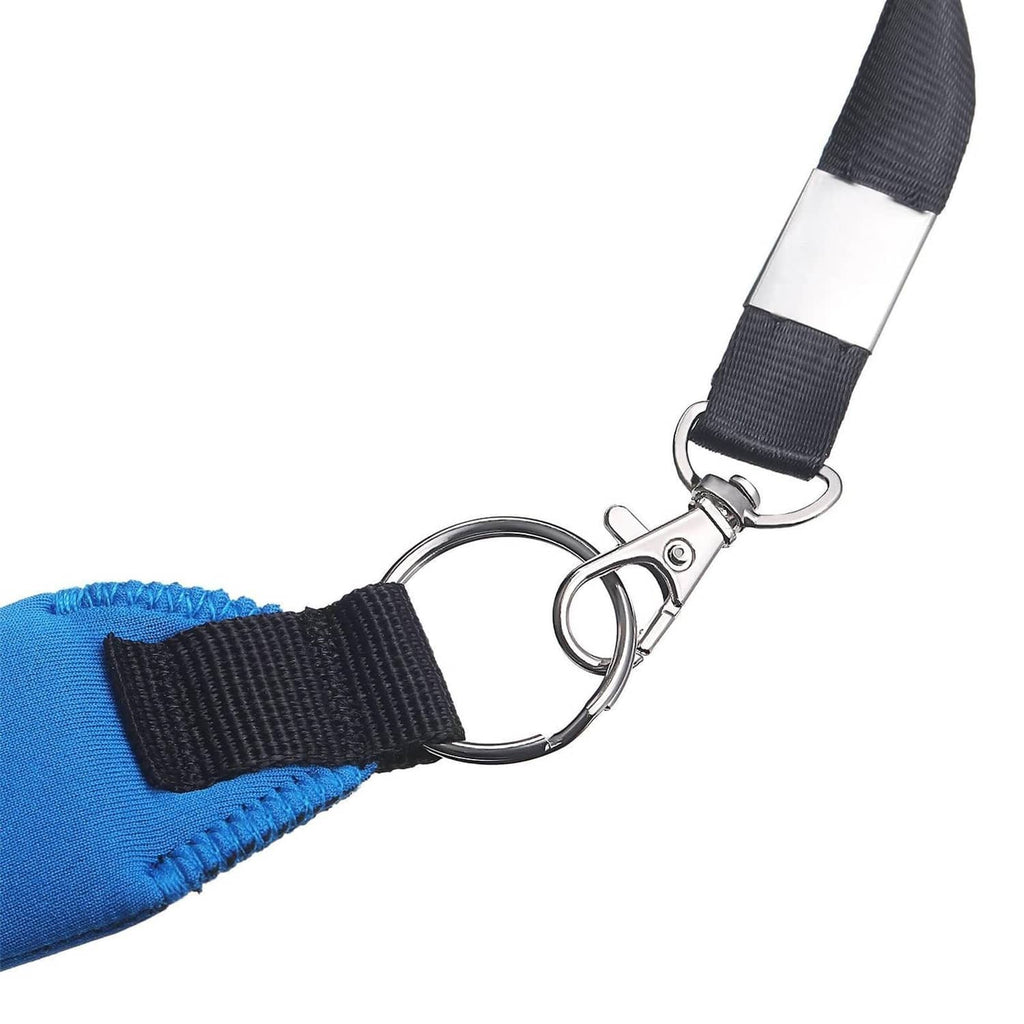Blue neoprene keychain pouch with black strap and metal swivel clip and key ring