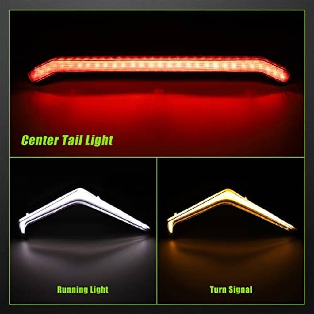 LED tail light modes: red center bar, amber running light, yellow turn signal accents