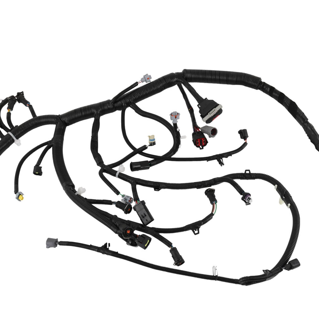 Engine wire harness with long black cable loom and several small plug connectors