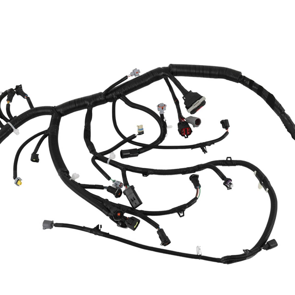 Engine wire harness with long black cable loom and several small plug connectors