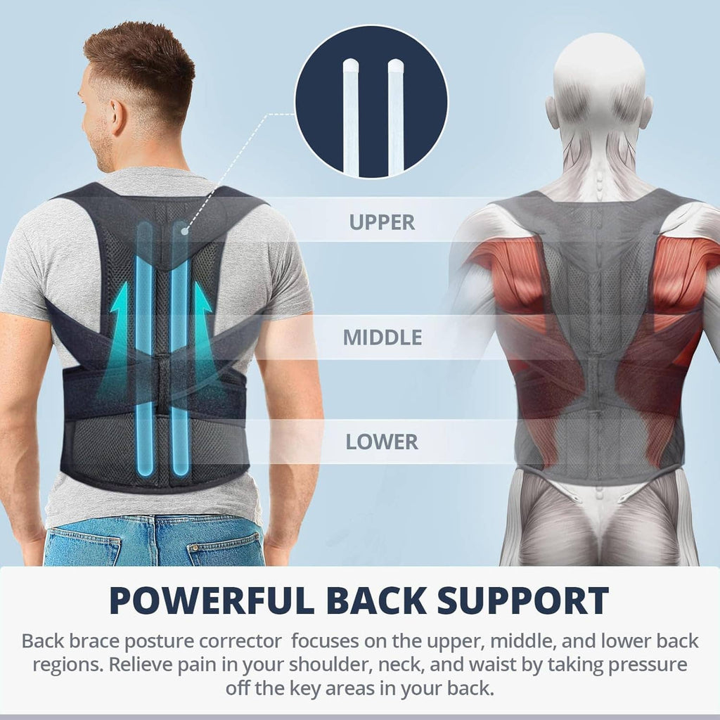 Back posture corrector showing upper, middle, and lower back support zones on black brace with blue bars
