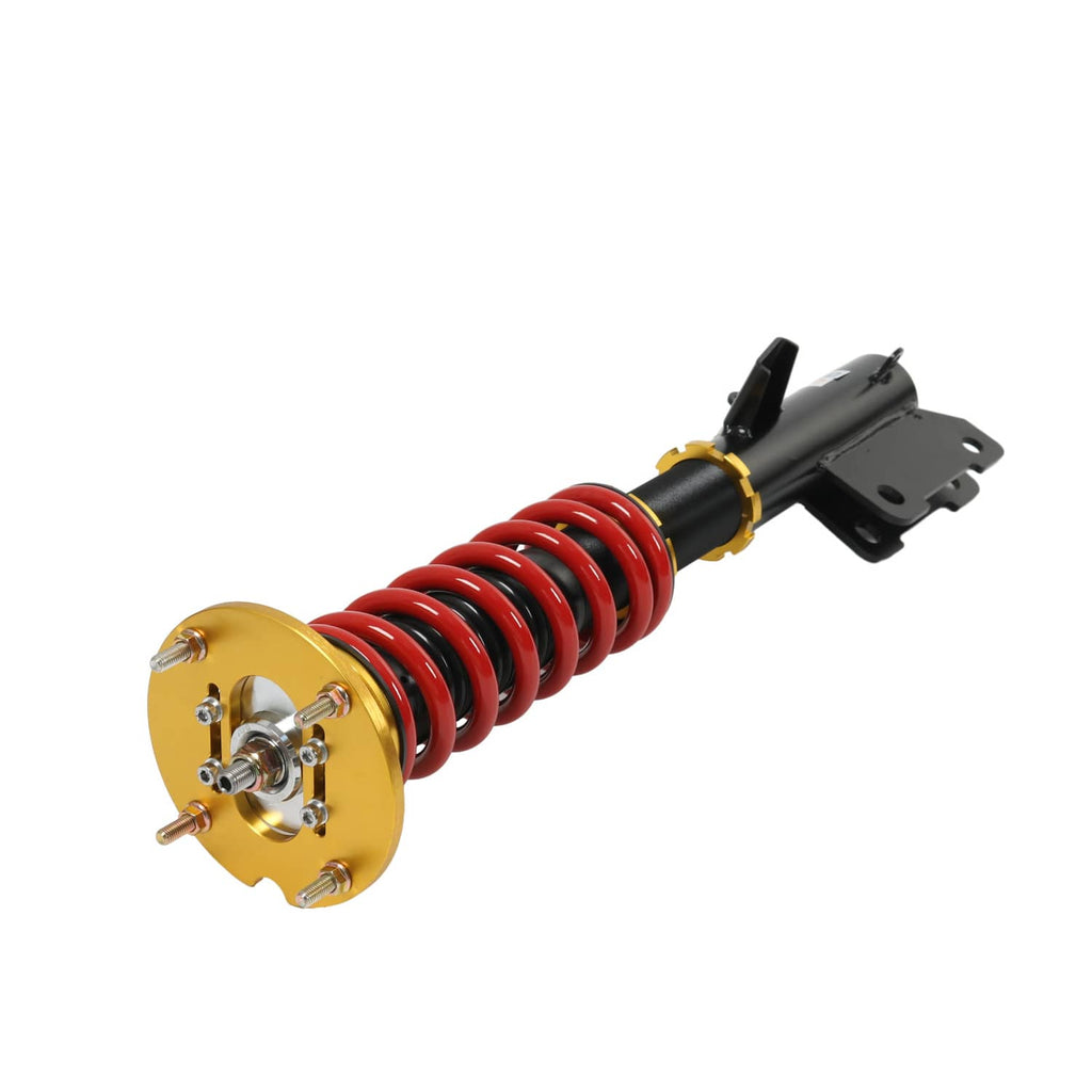 Coilover strut with red coil spring, gold top plate, and black mounting bracket