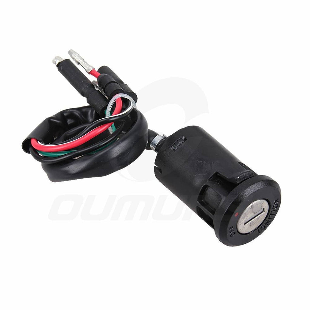 Ignition key switch lock cylinder with black housing and red/green wire bundle