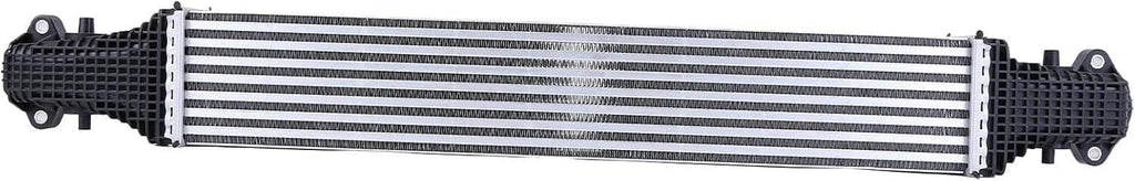 Turbo charge air intercooler, side view, silver fin core with black end mounts