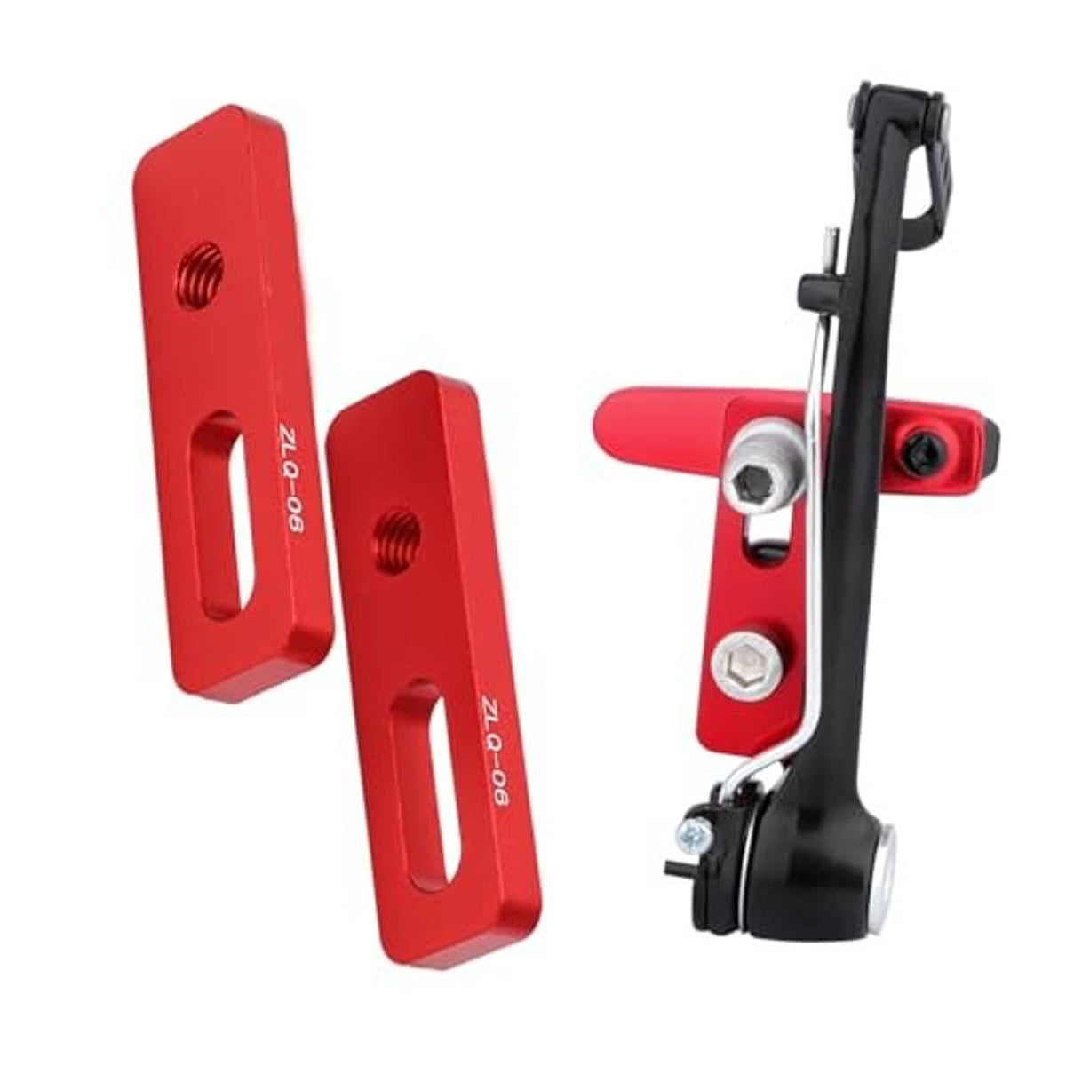 Red V-brake extension converter plates beside mounted bicycle V-brake assembly