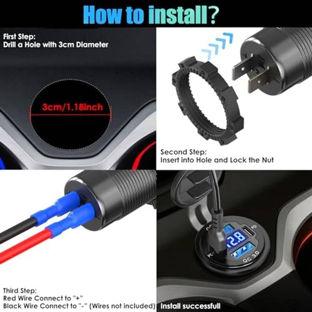 Car USB charger installation setup with connector, wires, and mounted charging unit