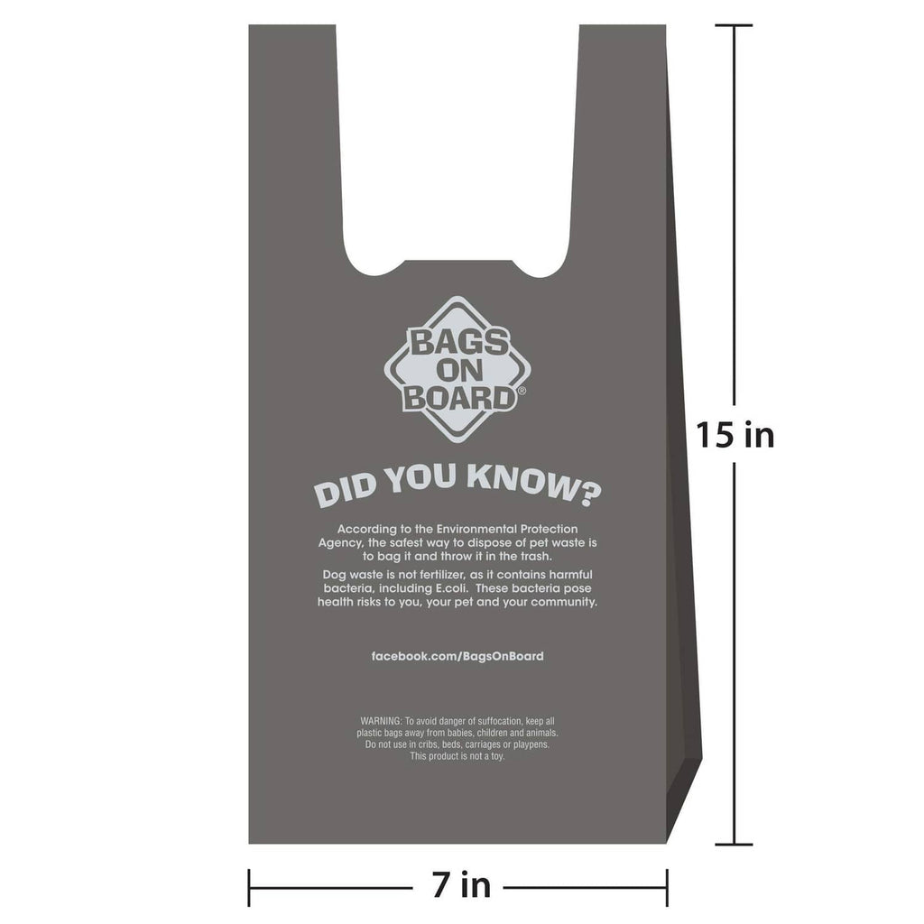 Gray dog waste bag with sizing diagram: 7 in wide and 15 in long.