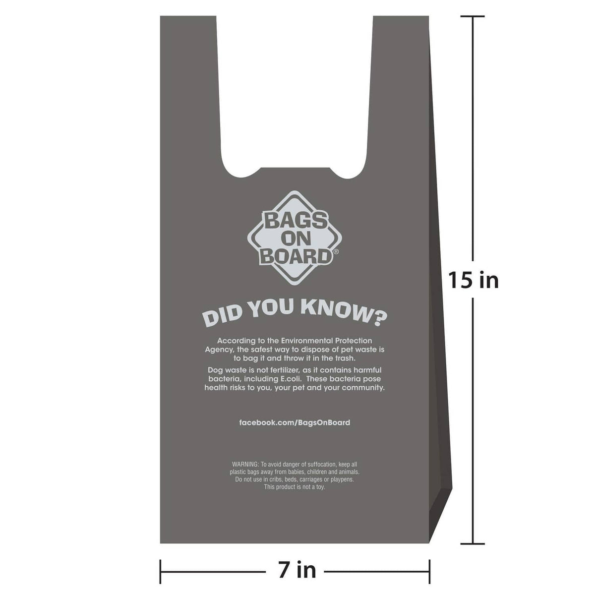 Gray dog waste bag with sizing diagram: 7 in wide and 15 in long.