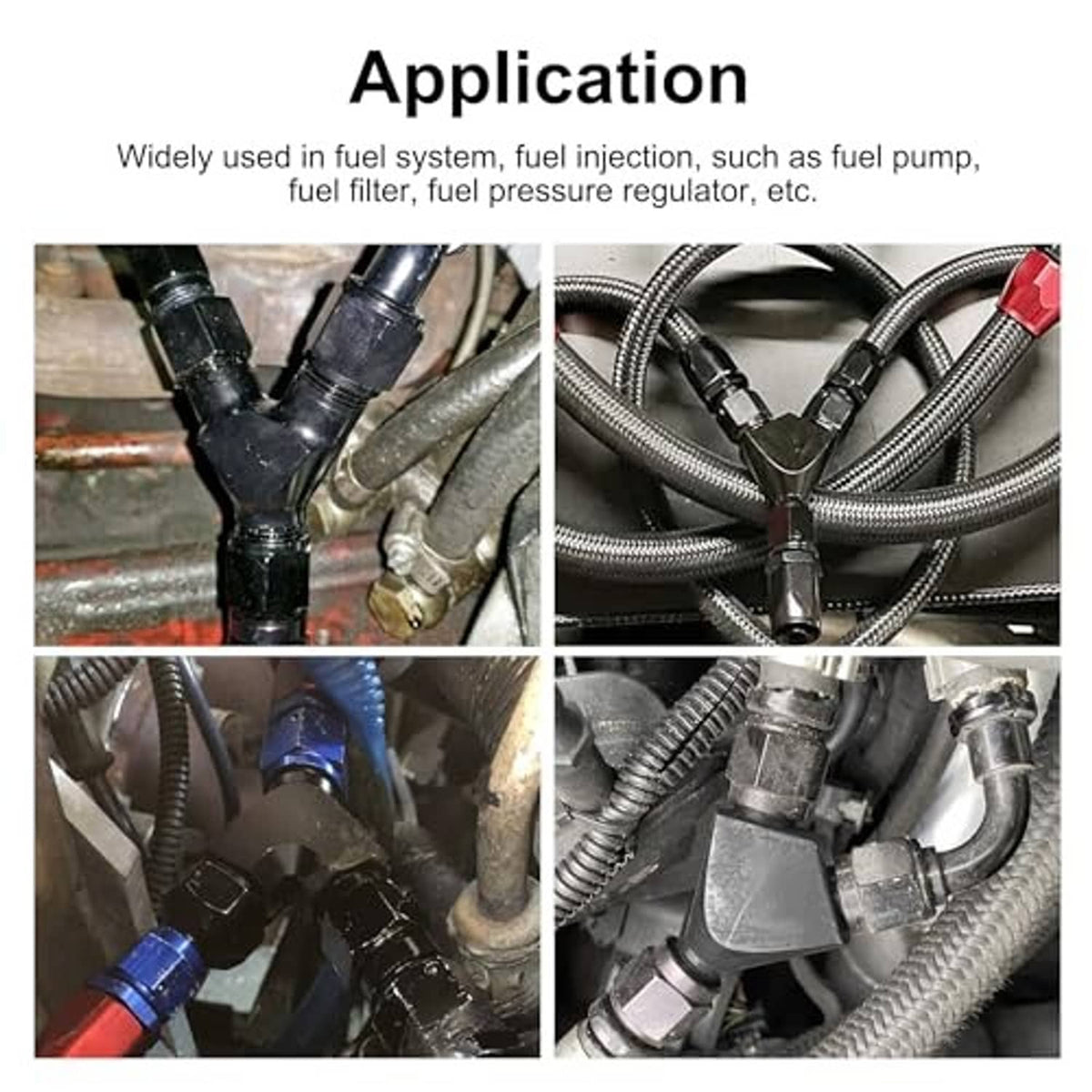 Y-splitter fitting connected to fuel lines with braided hoses and AN fittings