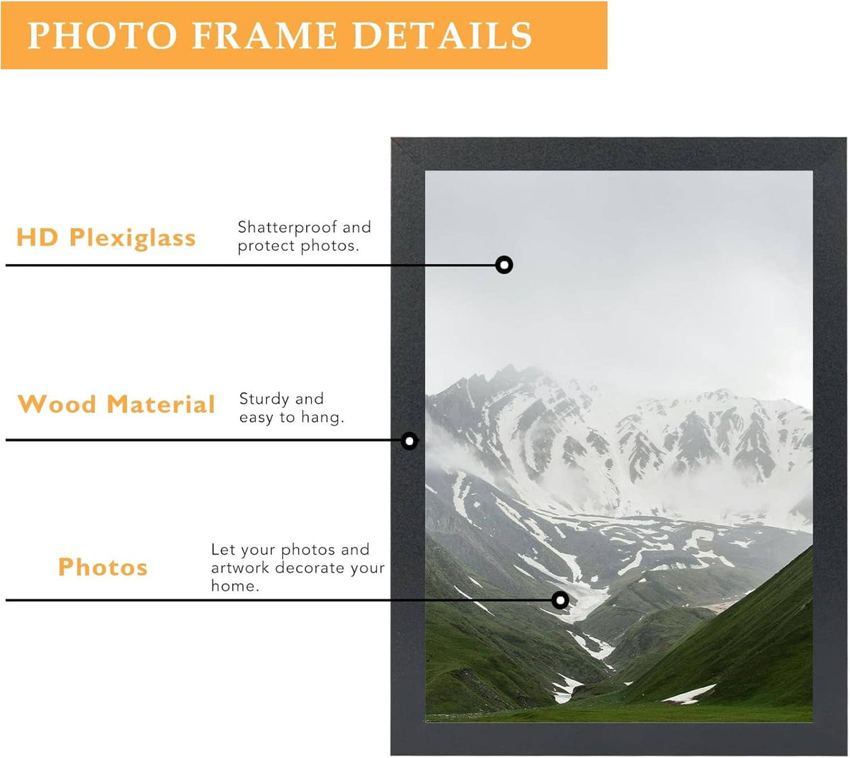 Black 10x15 picture frame detail with HD plexiglass cover and wooden frame edge.