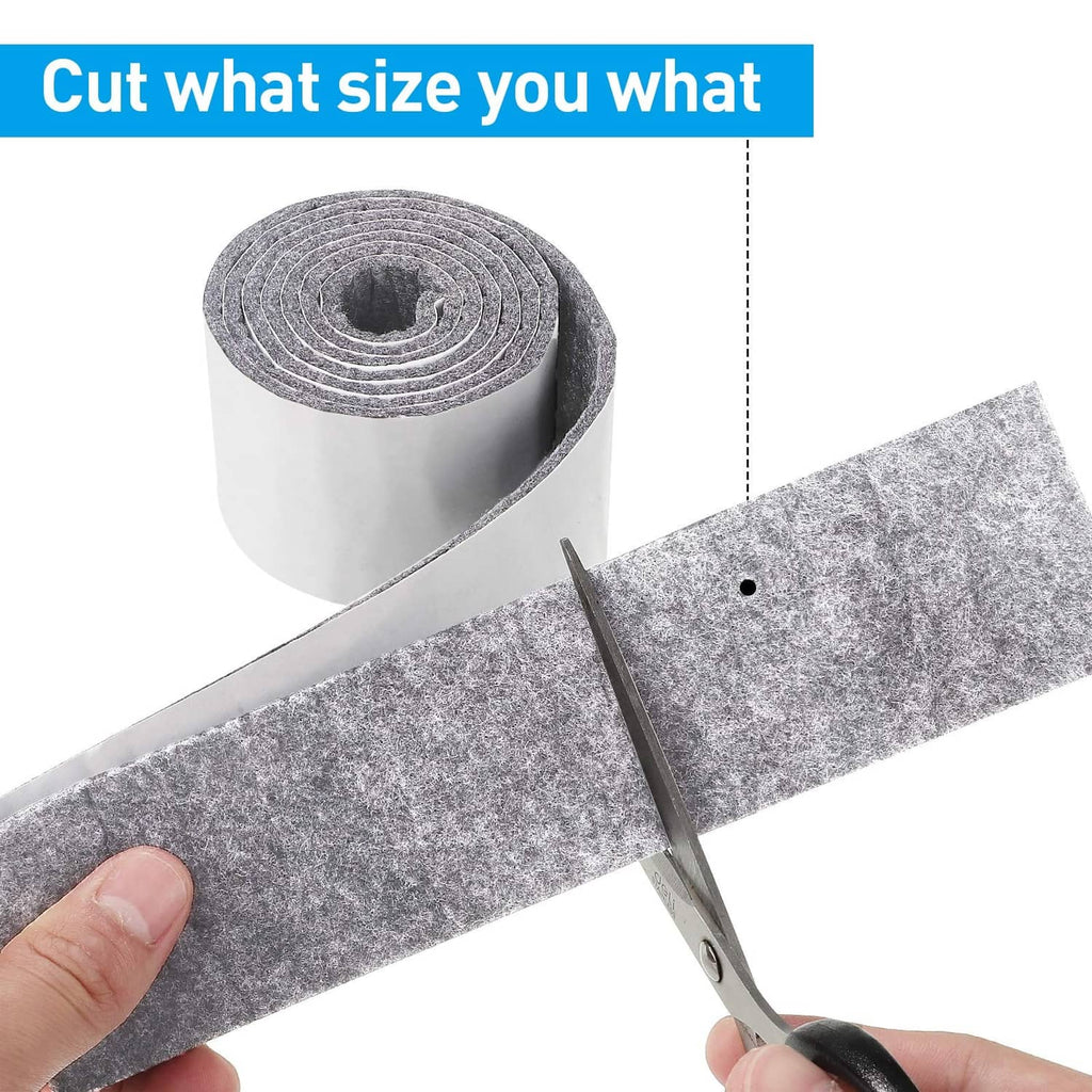 Light grey felt strip being cut with scissors from self-adhesive roll