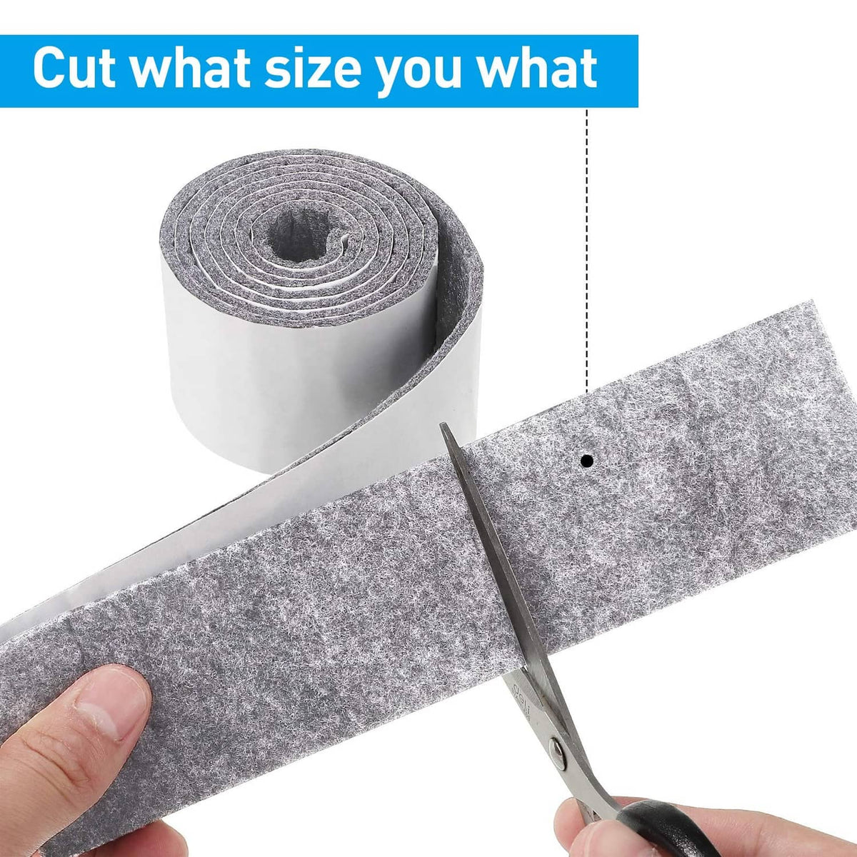 Light grey felt strip being cut with scissors from self-adhesive roll