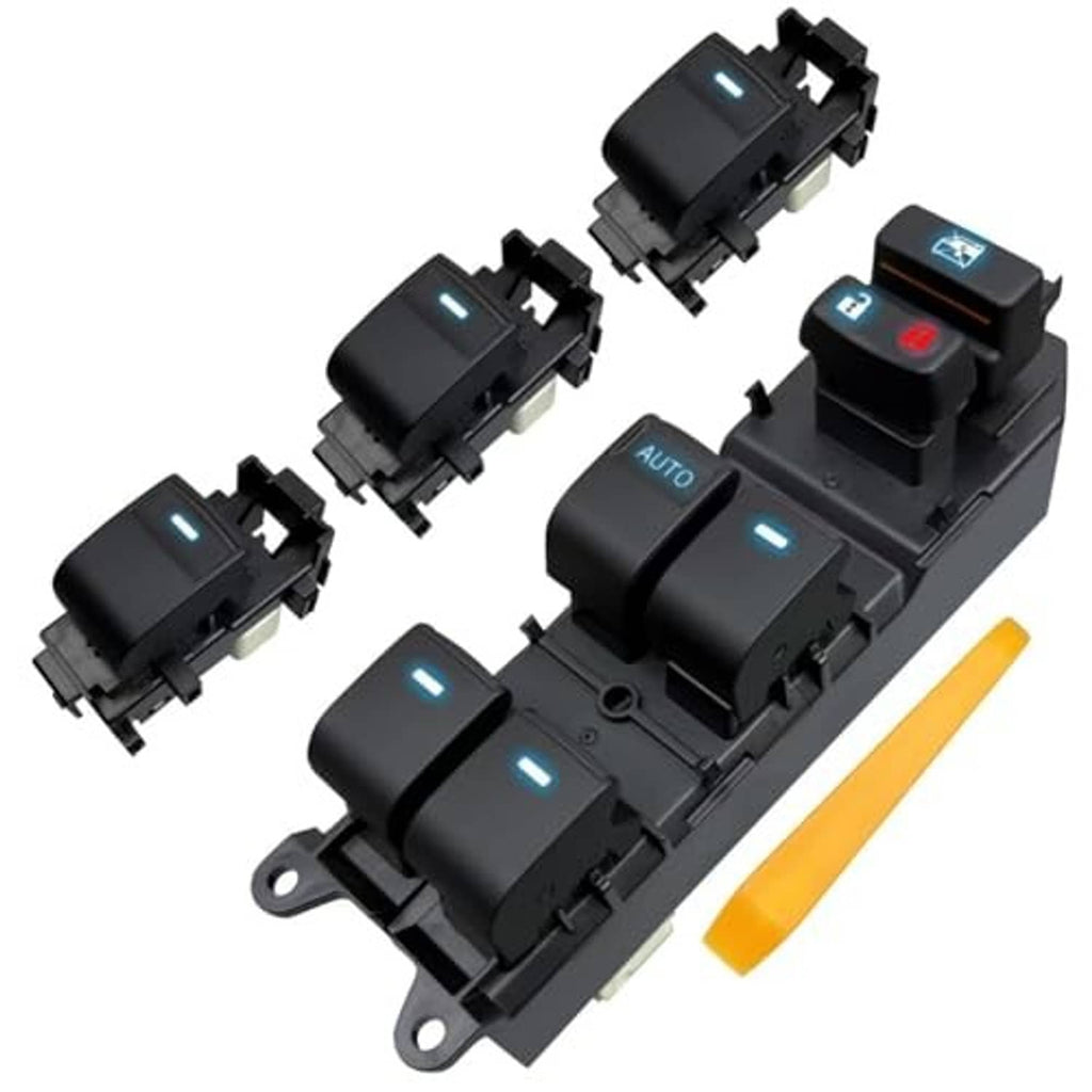 Black window switch module set with four illuminated blue LED switches and rocker controls