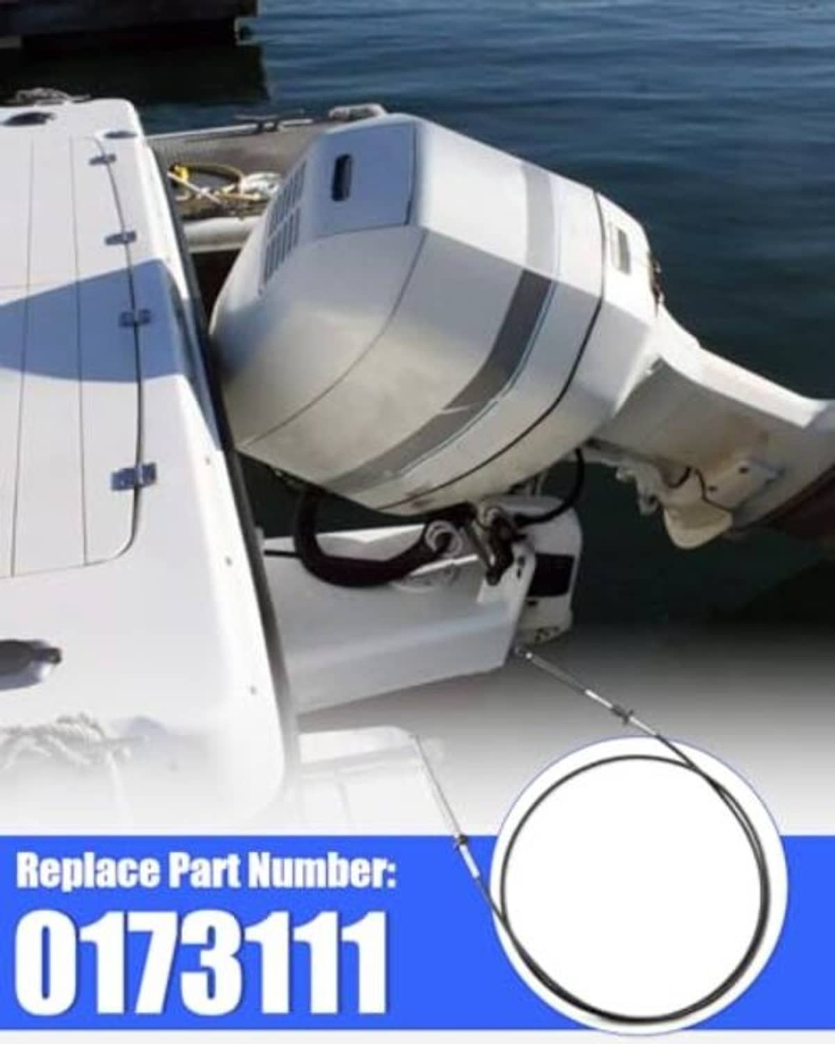 Outboard motor remote cable with black housing routed and connected at engine