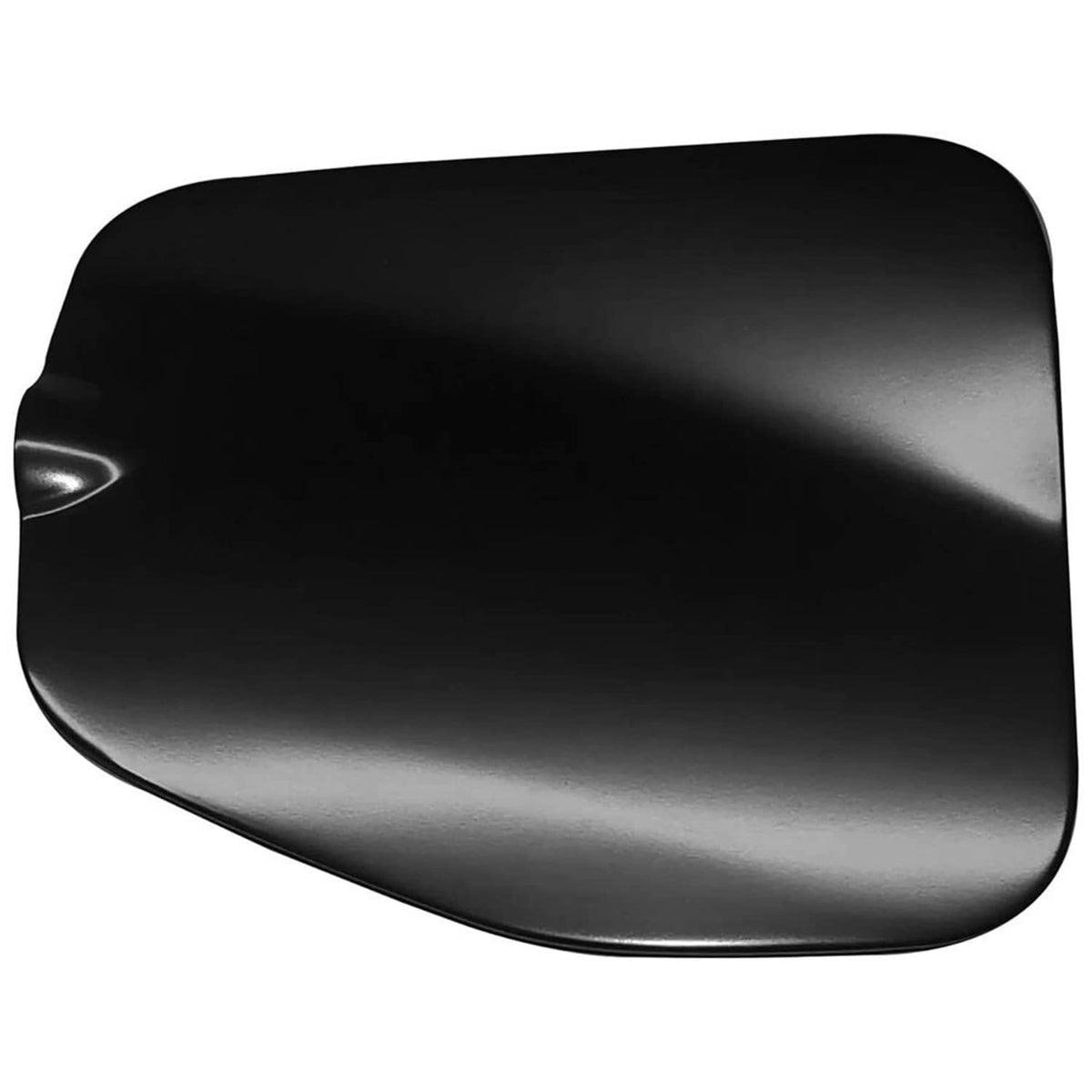 Black fuel door cover with glossy finish and curved edges