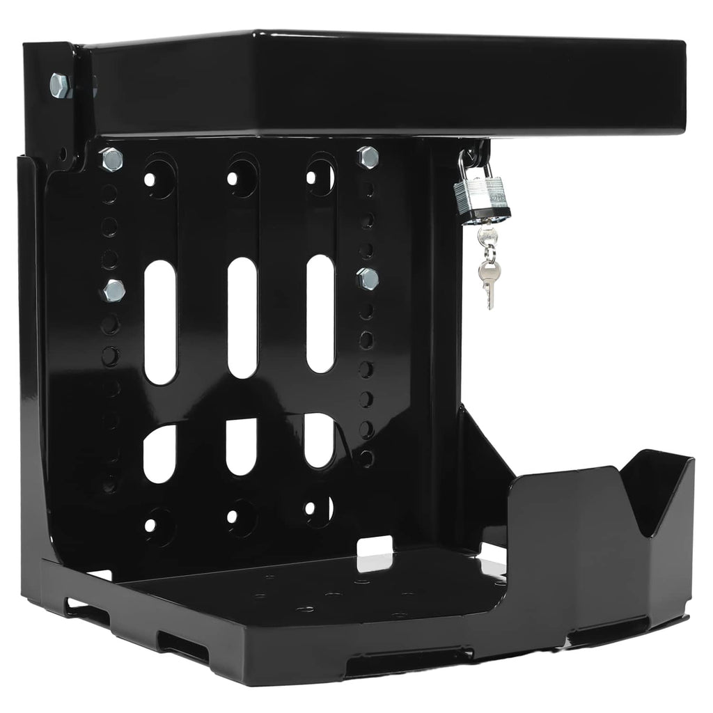 Black trailer rack mount with perforated back panel, side platform, and hanging latch