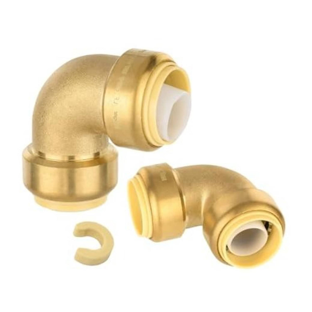 Brass 1-inch push-fit elbow connector with two PEX adapters and small clip