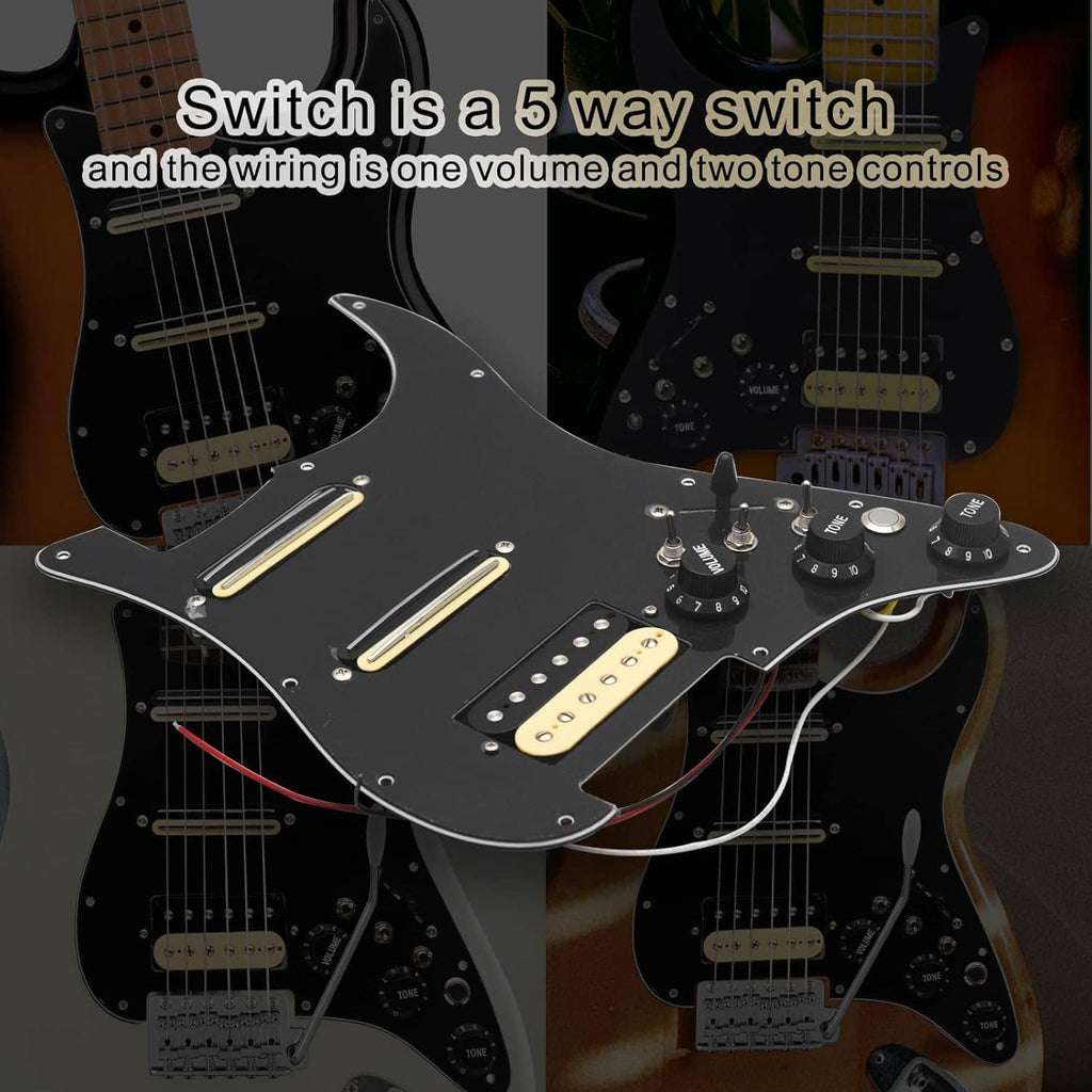 Black electric guitar pickguard with three pickups, volume knob, and two tone controls