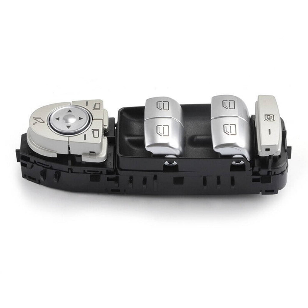 Power window master switch assembly with silver dial and right-side rocker buttons
