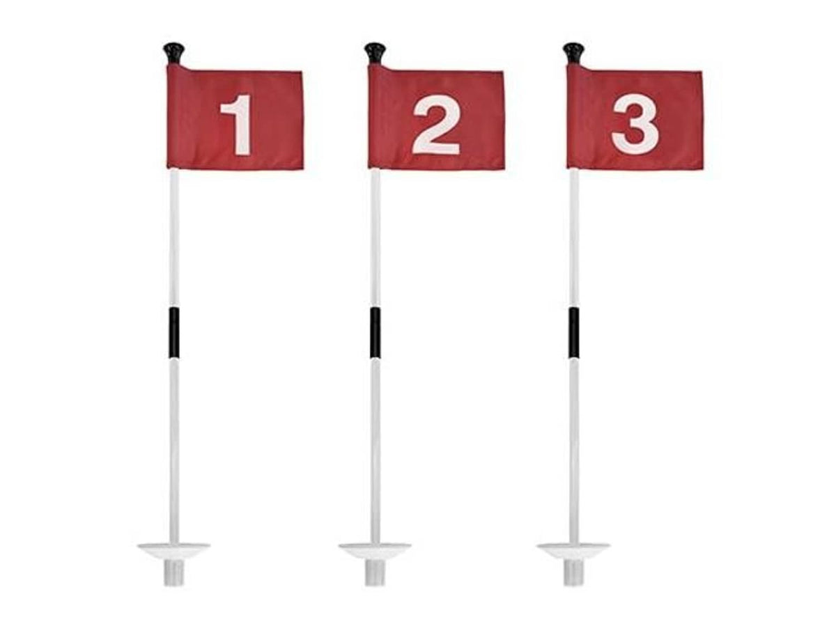 Set of three red golf practice flags with numbered banners on white foldable poles