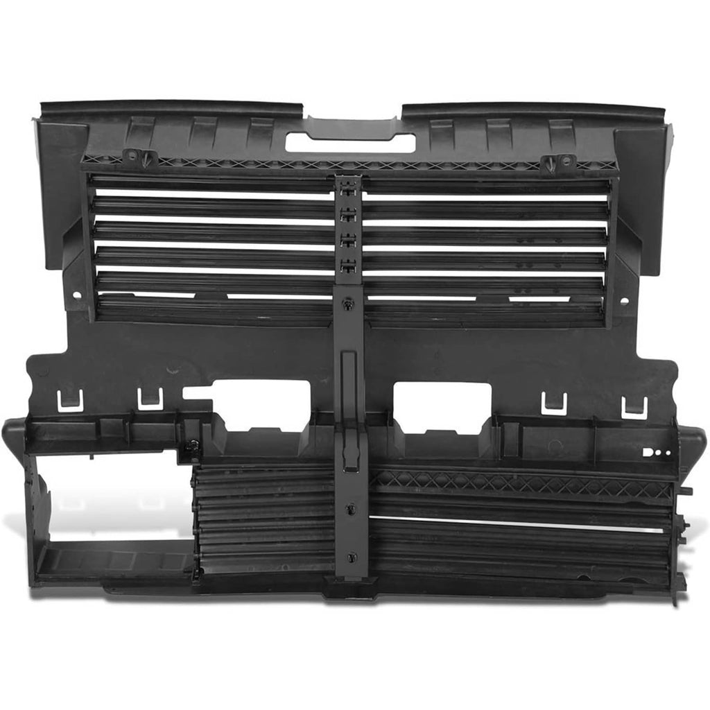 Black grille shutter assembly with central actuator bar and layered louver panels
