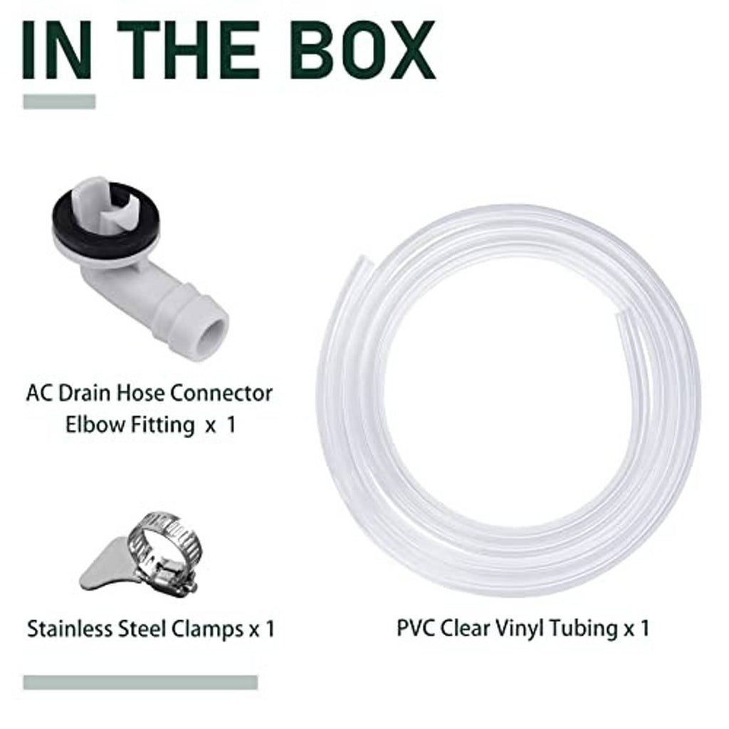 Air conditioner drain kit in box: clear tubing, elbow connector, and steel clamps