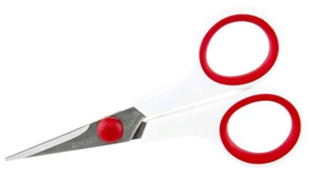 Singer scissor with red finger loops and white handle, gray metal blade