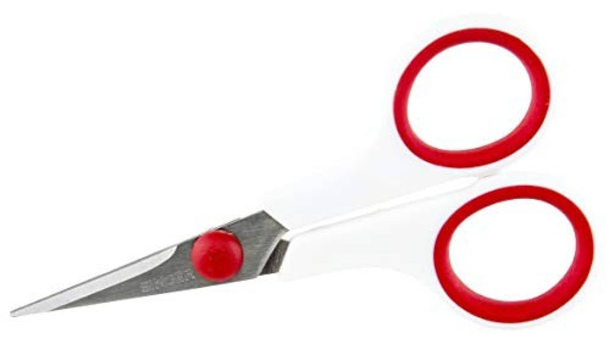 Singer scissor with red finger loops and white handle, gray metal blade