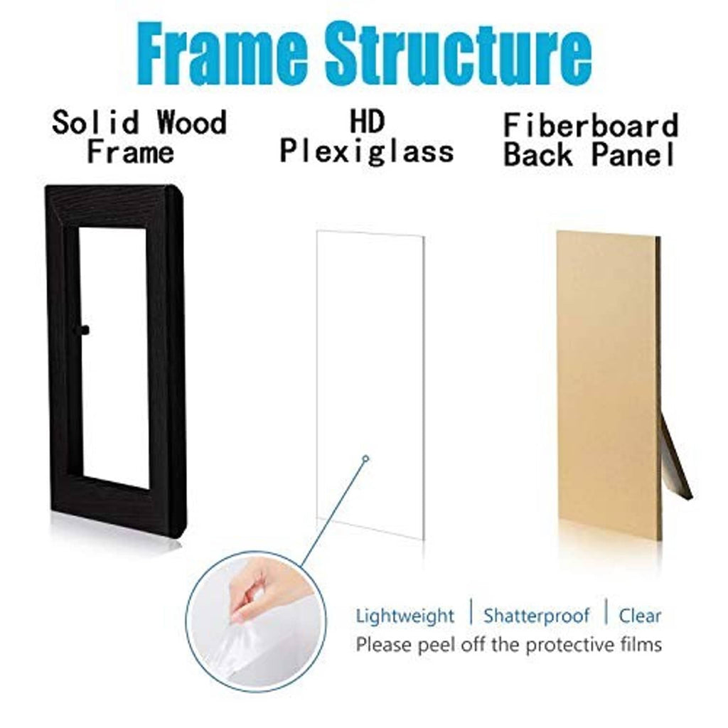 Black picture frame parts diagram with solid wood frame, plexiglass front, and back panel