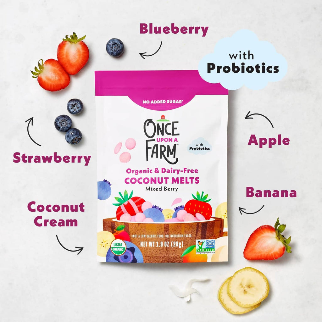 Organic coconut melts pouch with berry graphics, dairy-free, probiotics