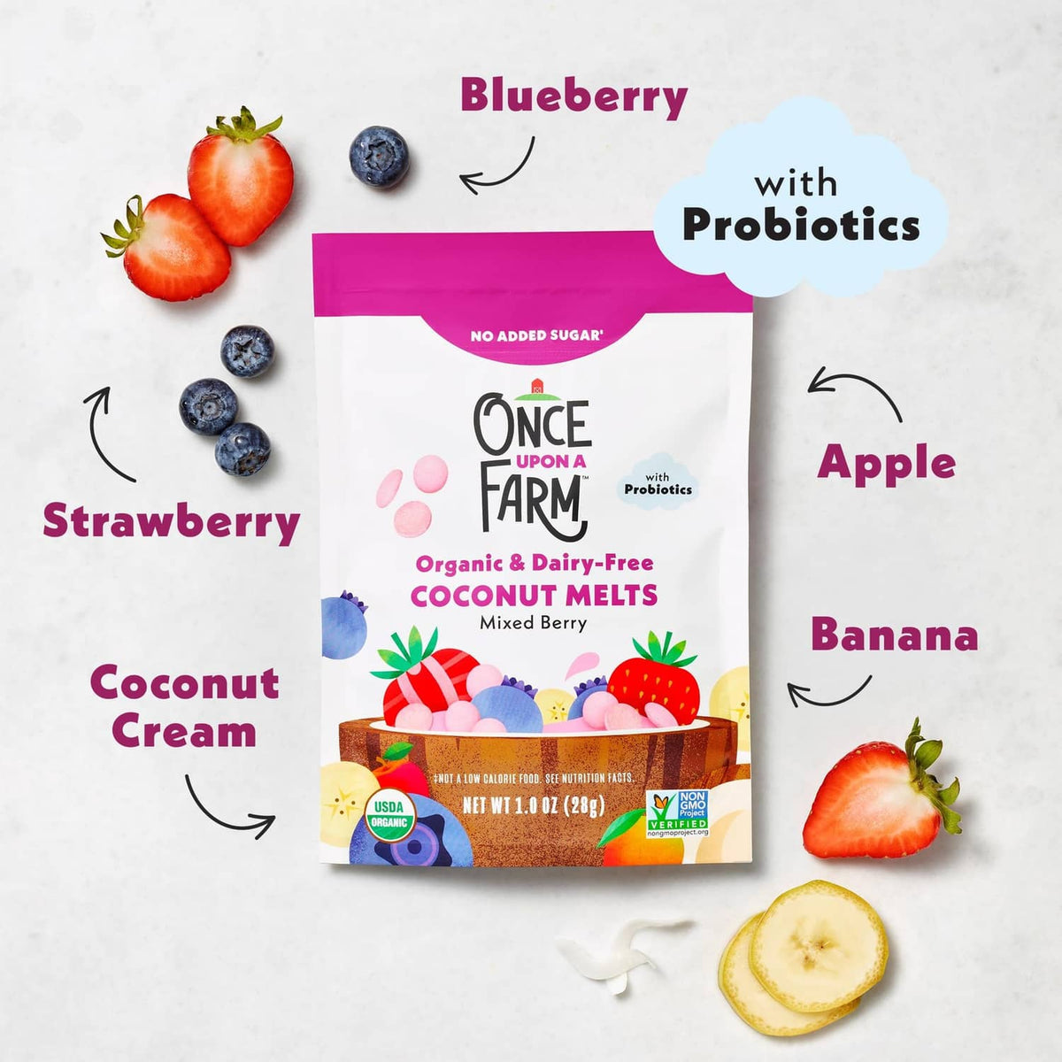 Organic coconut melts pouch with berry graphics, dairy-free, probiotics