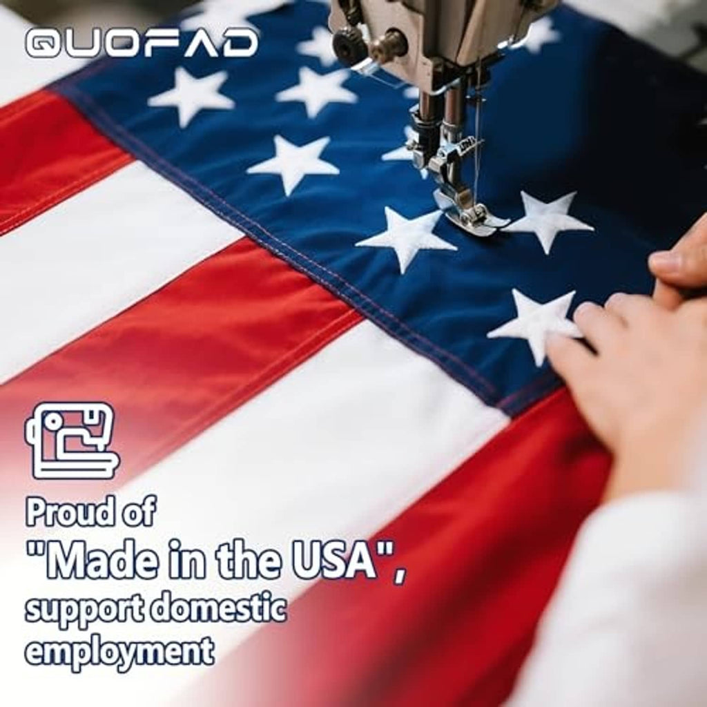 American flag being stitched, white stars on blue field with blue edge seam