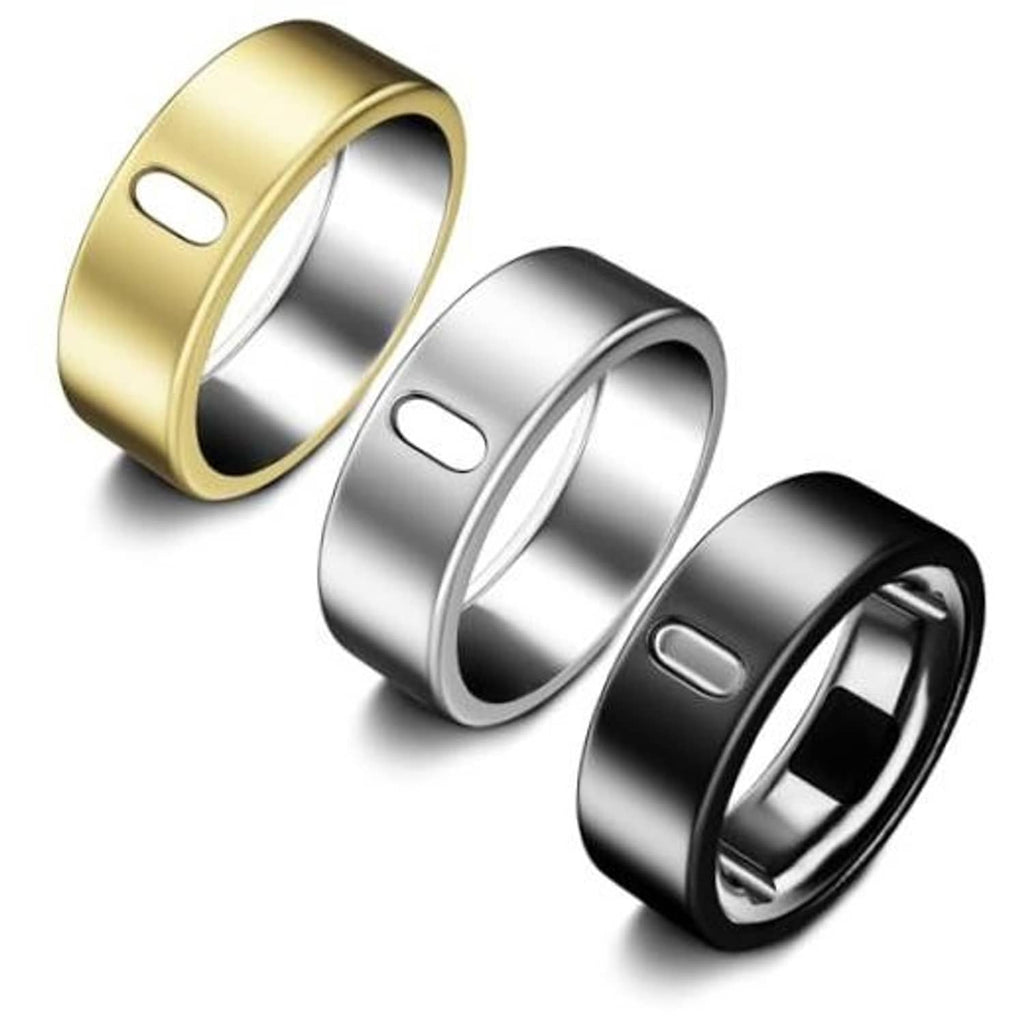Three Oura ring covers in gold, silver, and black with side cutouts