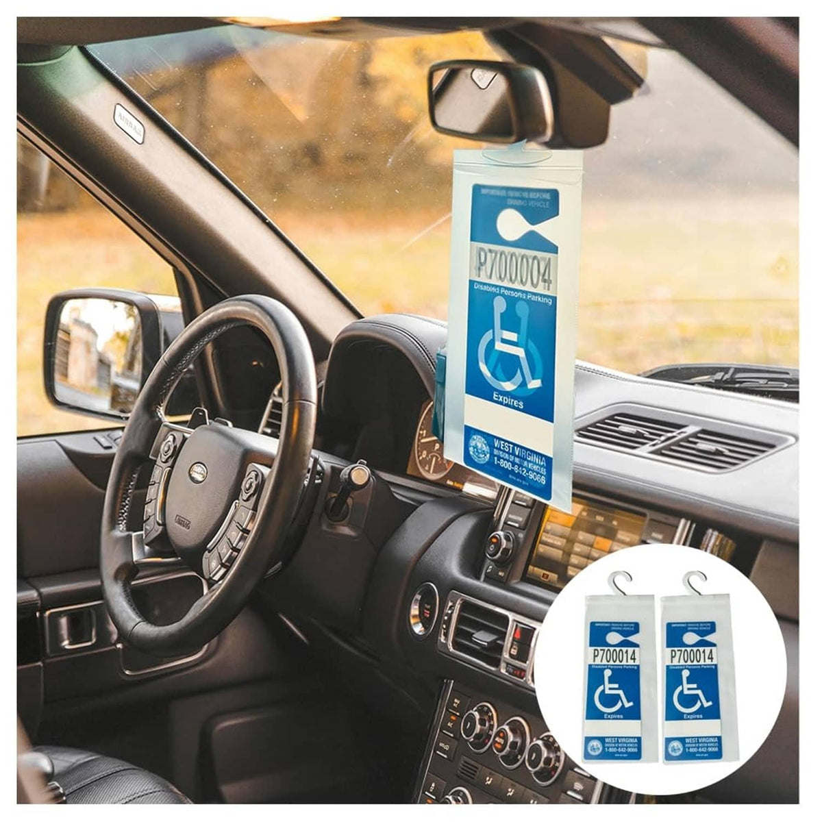 Clear frosted PVC placard holder with metal hook hanging on car dashboard, blue label