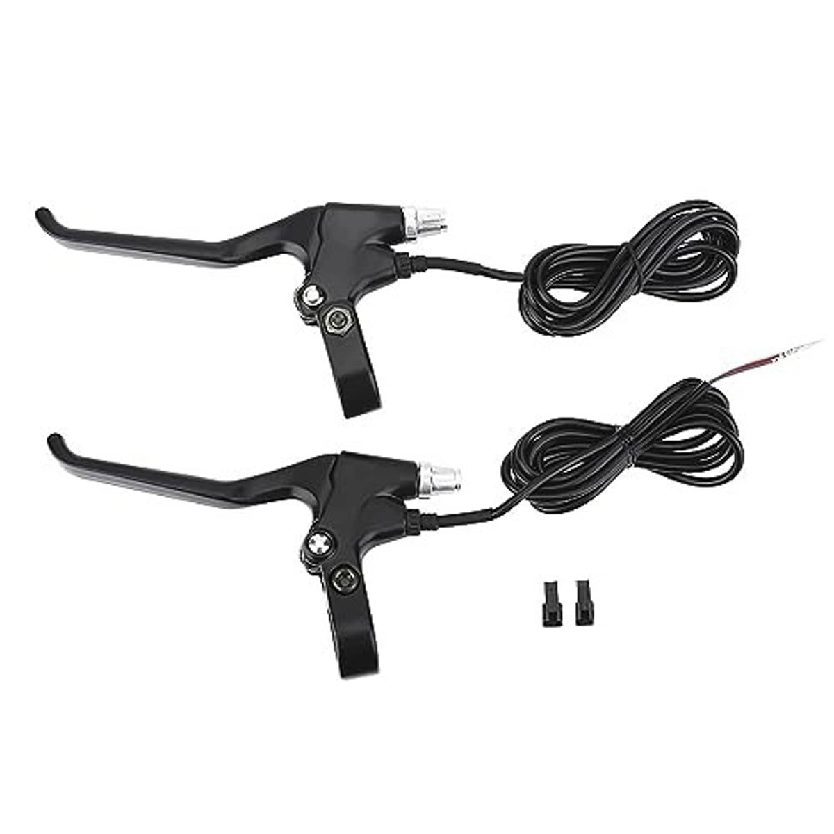 Two black brake levers with coiled cables and connector ends, left and right