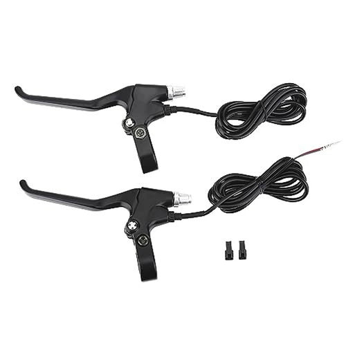 Two black brake levers with coiled cables and connector ends, left and right