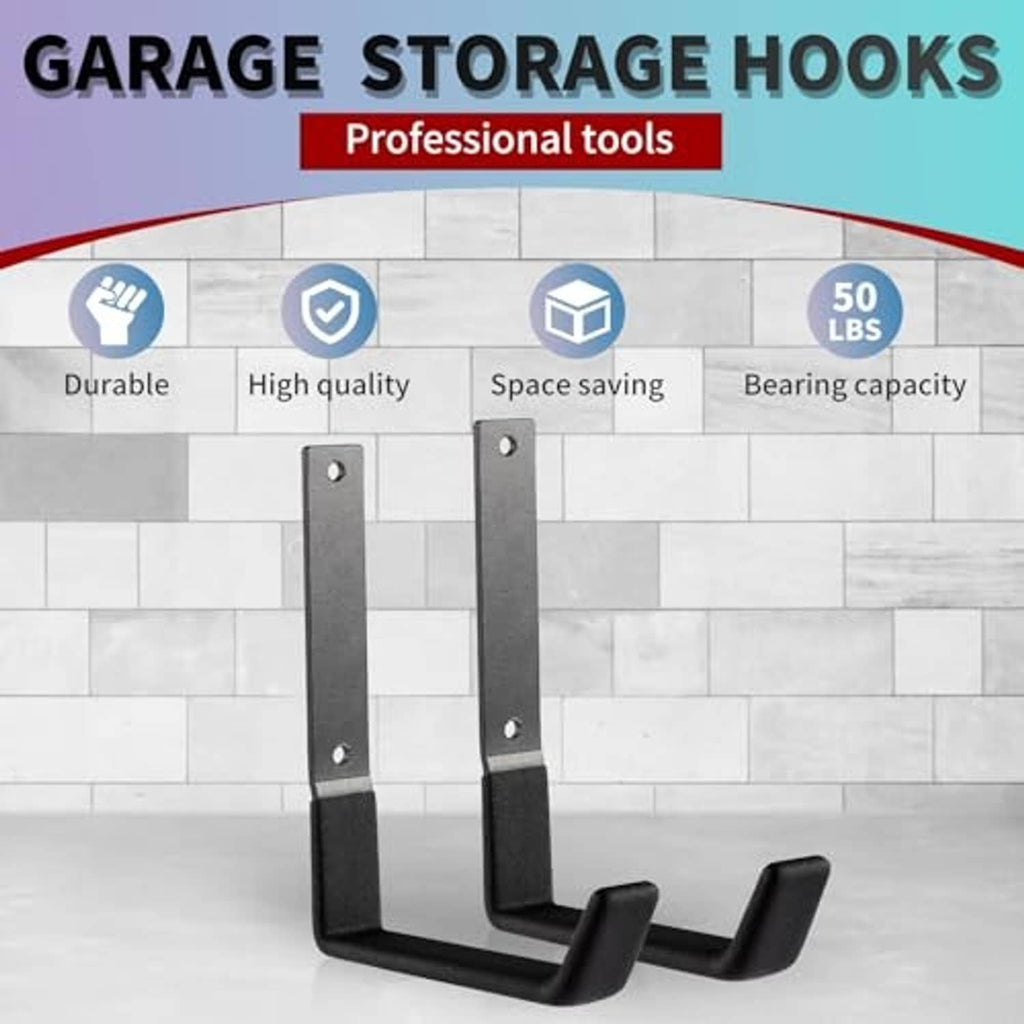 Two-piece steel garage storage hook with black rubber grips and mounting holes