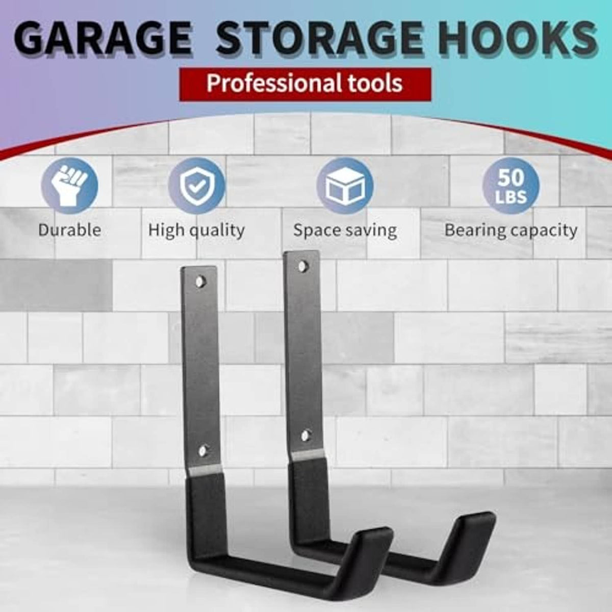 Two-piece steel garage storage hook with black rubber grips and mounting holes