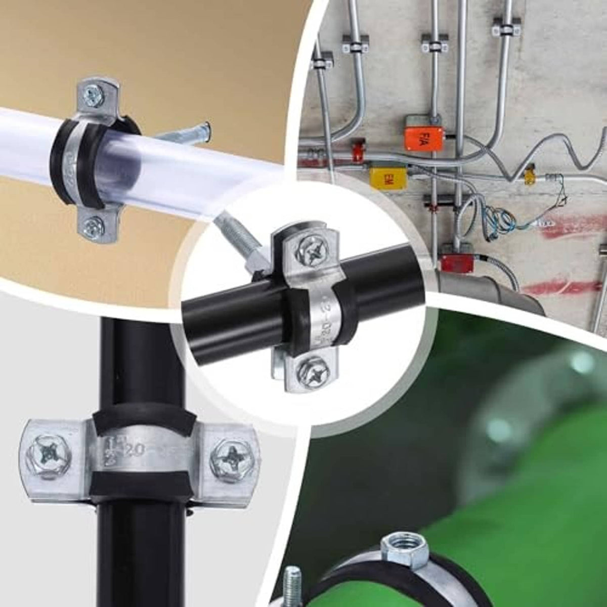 Split ring pipe hanger clamp holding a black pipe on a mounting bracket