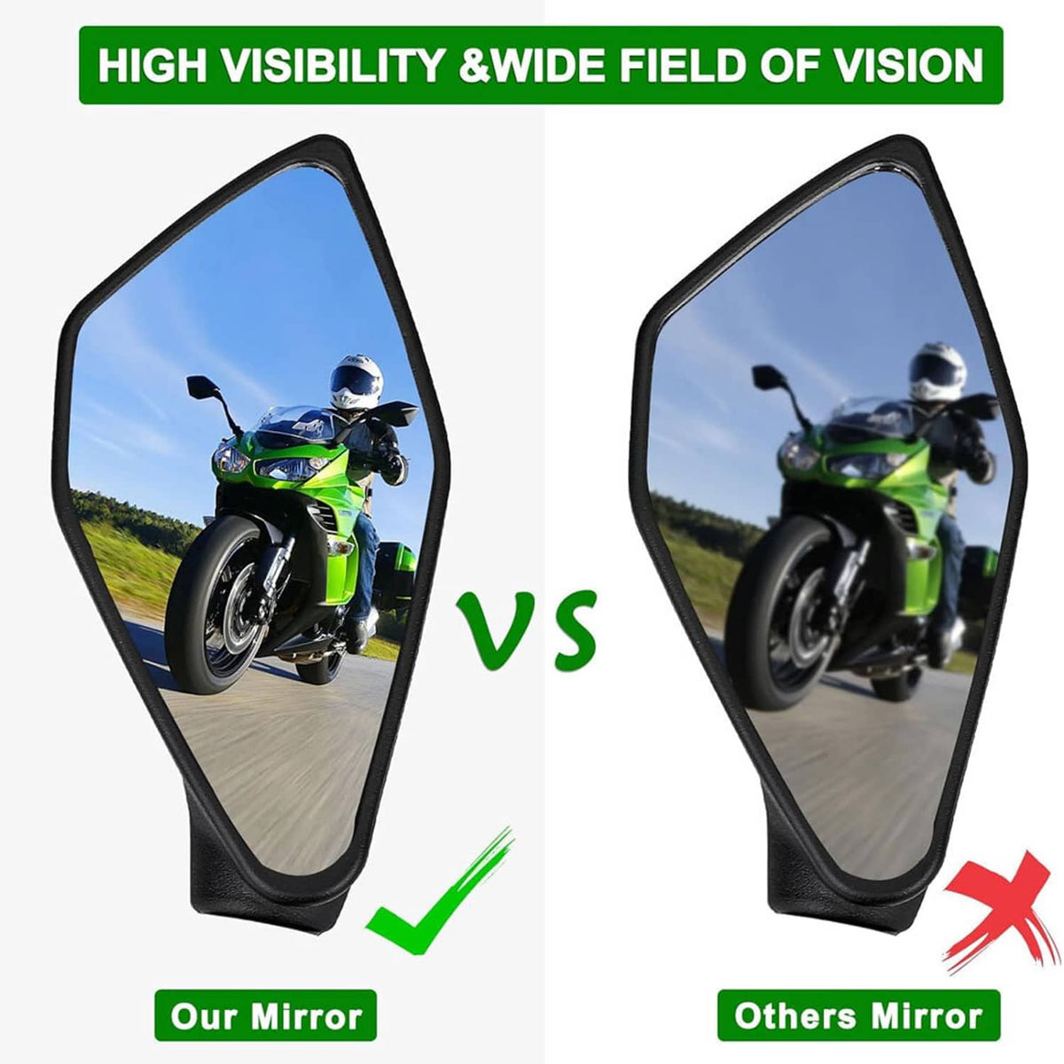 Black motorcycle rearview mirrors with wide reflective viewing surfaces
