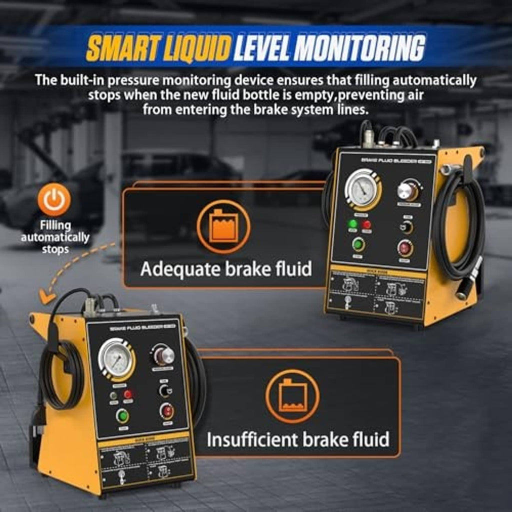 Brake fluid bleeder machine with liquid monitoring indicators and yellow control unit