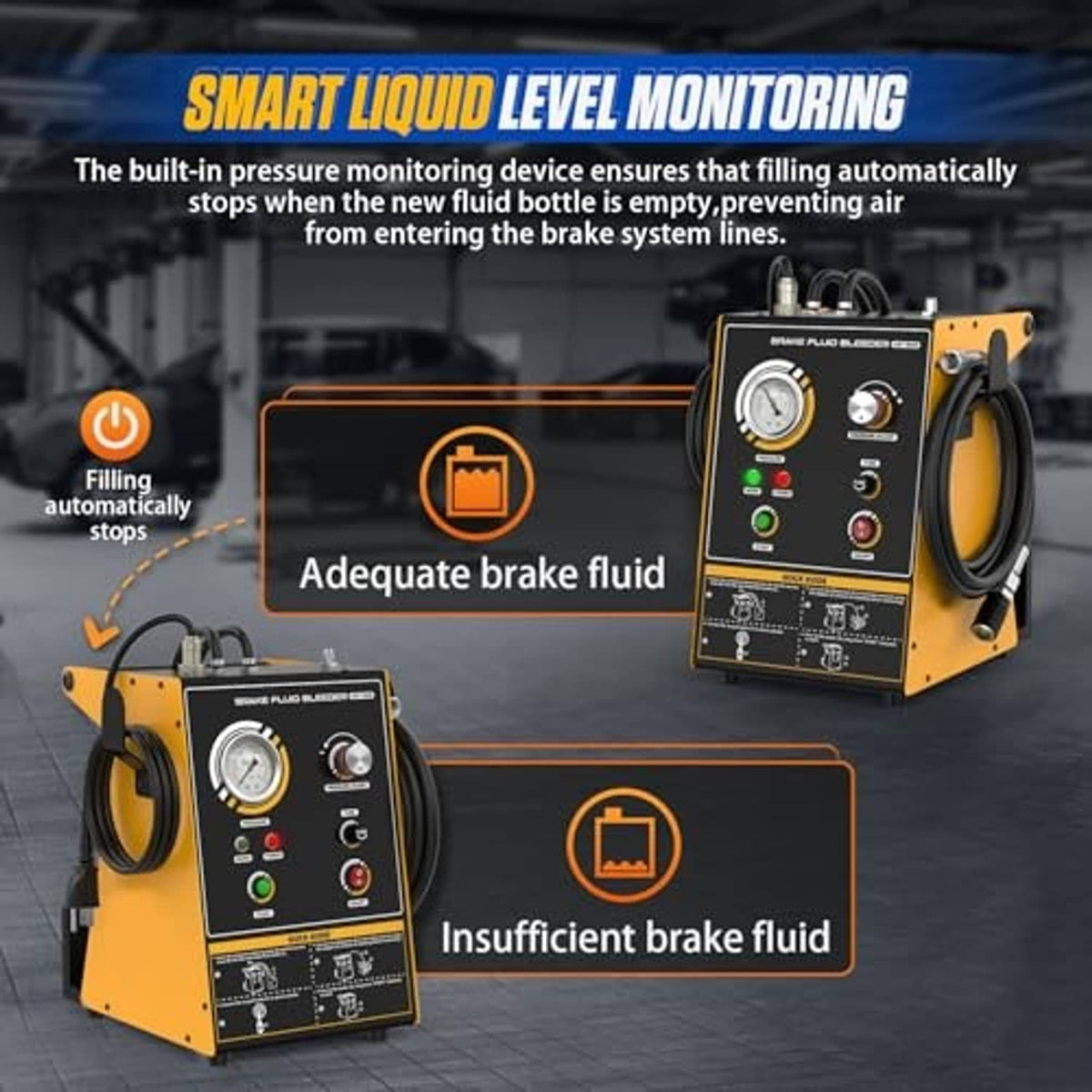 Brake fluid bleeder machine with liquid monitoring indicators and yellow control unit