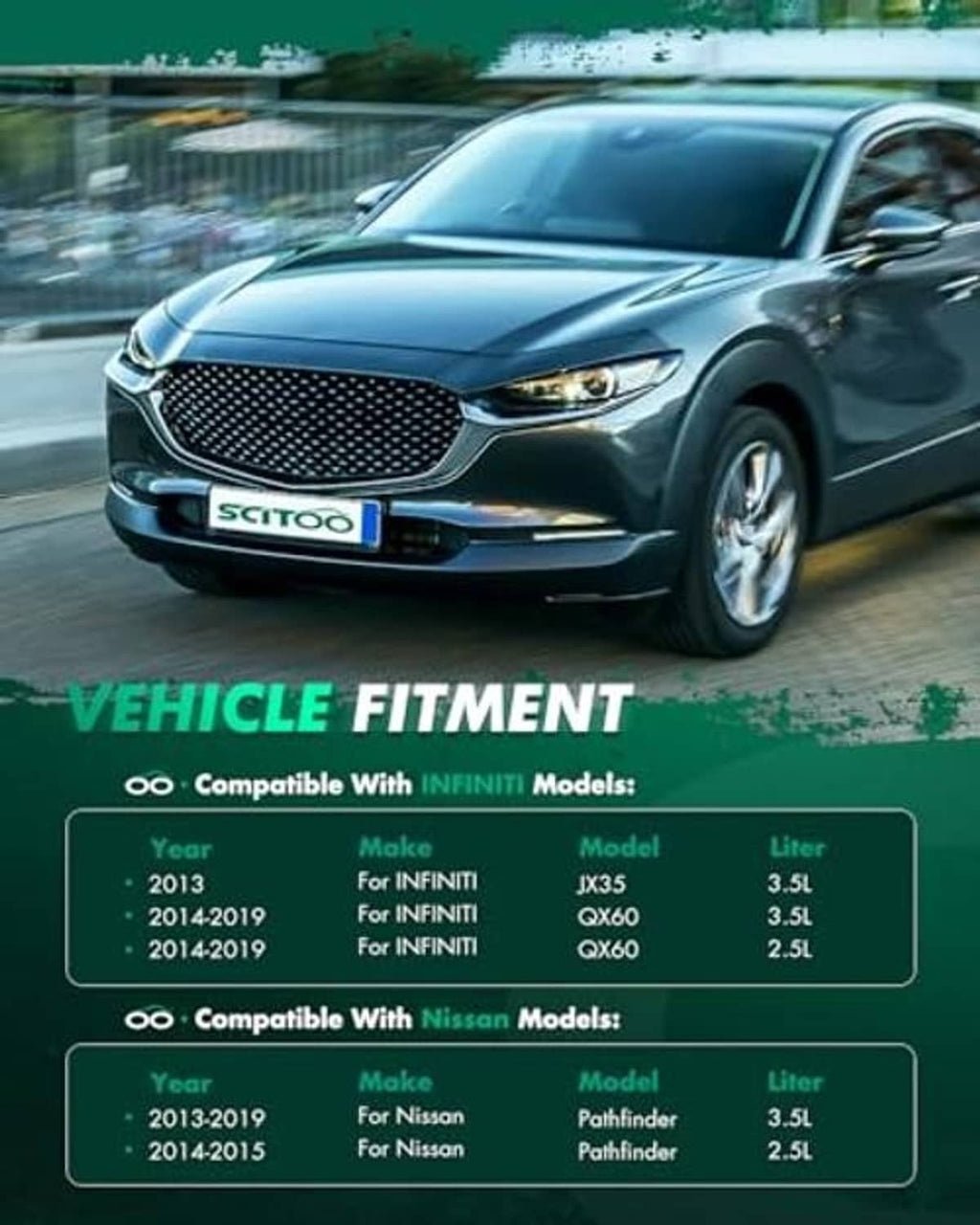 Dual electric cooling fan fitment view with vehicle compatibility table graphic