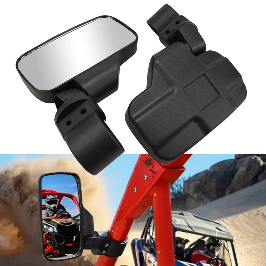 UTV side mirror with reflective lens on black clamp and protective housing