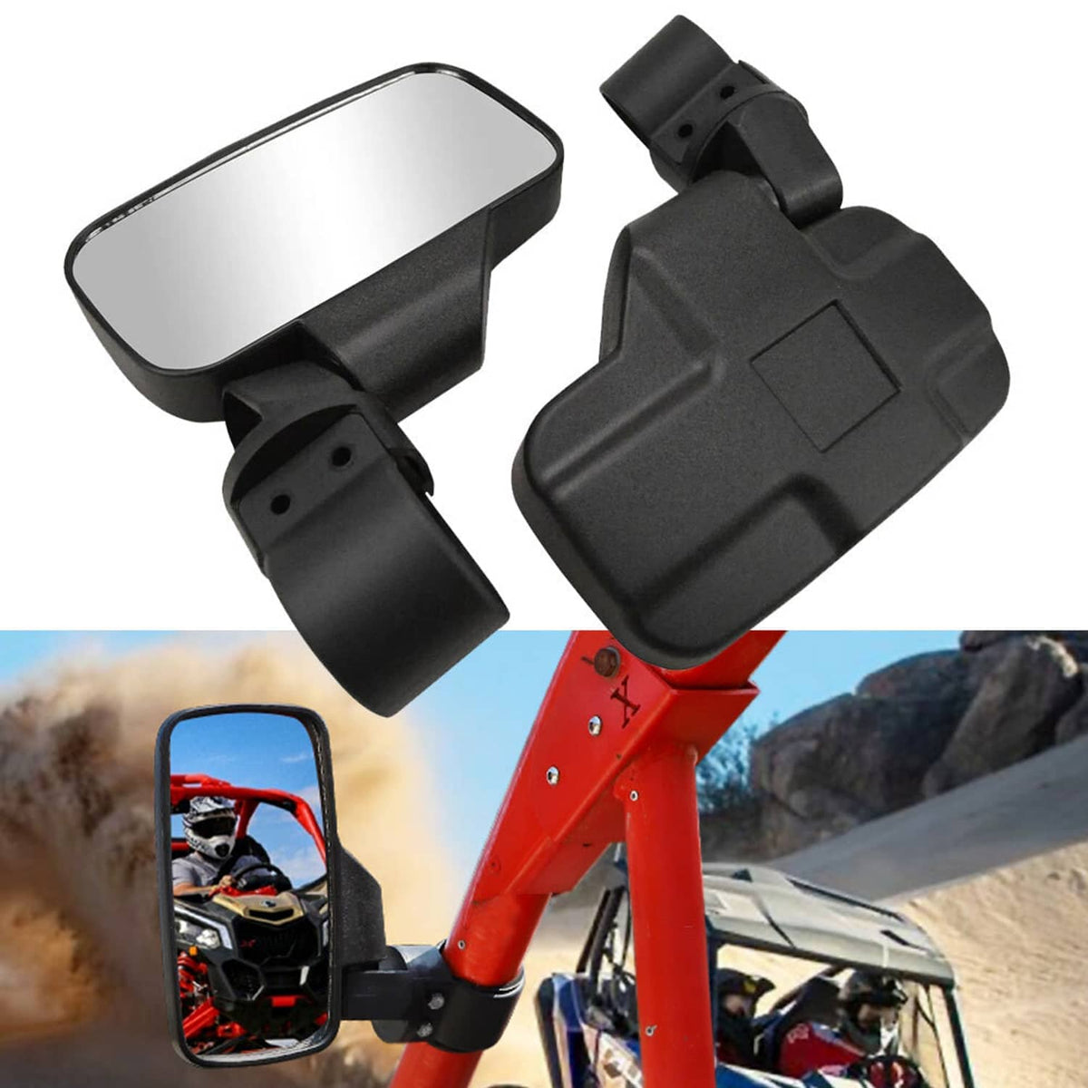 UTV side mirror with reflective lens on black clamp and protective housing