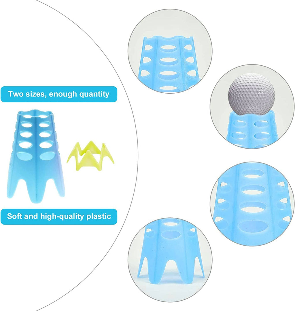 Plastic golf practice tees with ball fitted on blue tee; close-up view of top slots