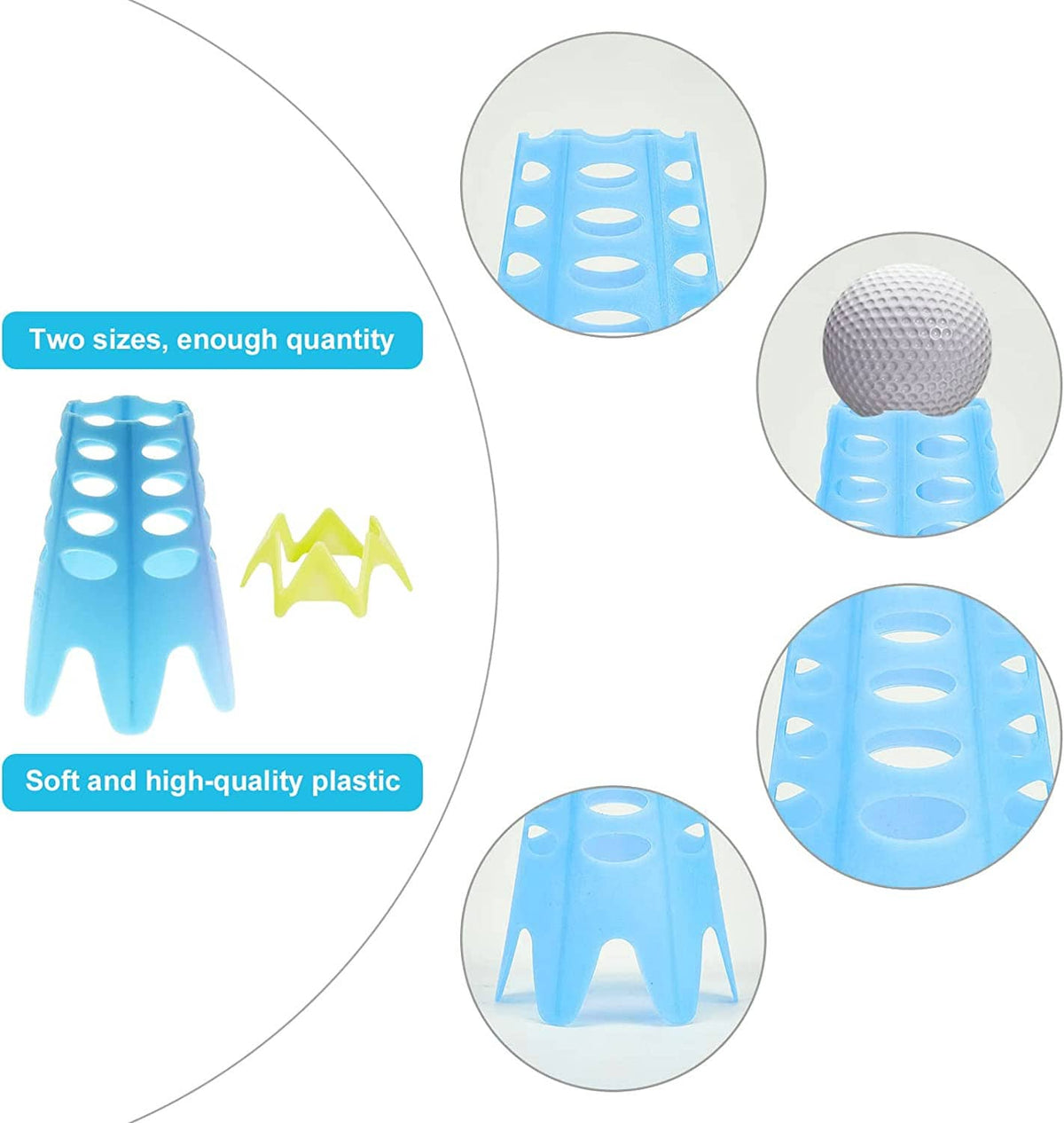 Plastic golf practice tees with ball fitted on blue tee; close-up view of top slots