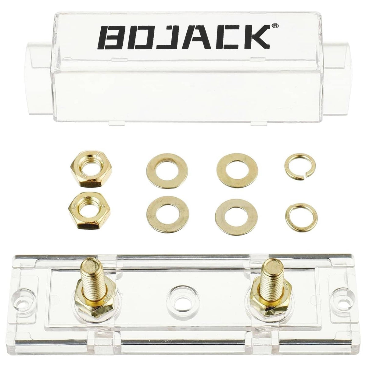 ANL fuse holder kit with clear base, two gold studs, and spare washers