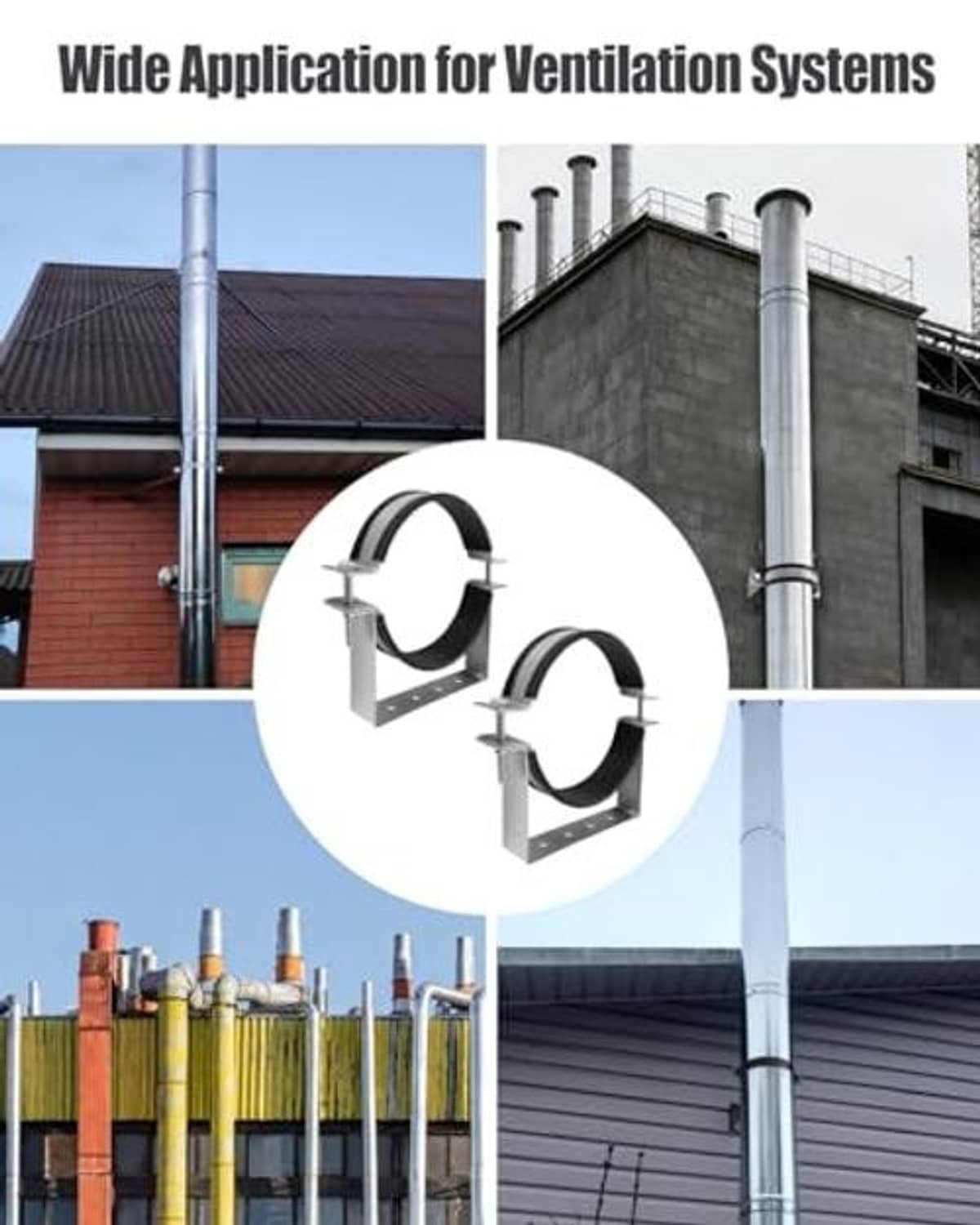 Stainless split ring pipe hanger securing a black ring onto a ventilation duct
