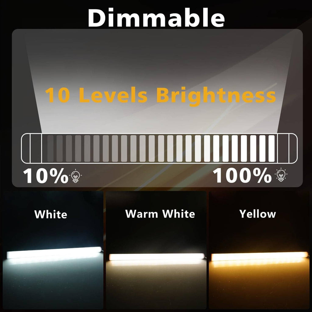 Dimmable LED light bar showing white, warm white, and yellow lighting modes